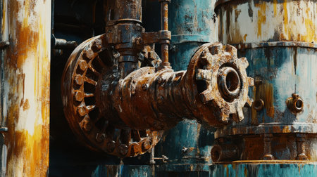 This close-up image features rusty industrial machinery characterized by intricate gears and a weathered surface, reflecting the beauty of decay and vintage design.の素材