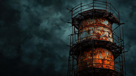 This striking image features a rusty water tower wrapped in scaffolding, set against a dark, stormy sky. The weathered metal showcases vibrant blue and orange tones, creating a dramatic contrast with the ominous clouds overhead.の素材