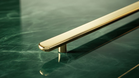 This image showcases an elegant golden handle resting on a luxurious green marble surface, highlighting the interplay of texture and light, perfect for design inspiration.の素材