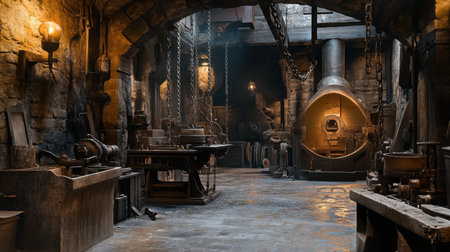 This image depicts a vintage industrial workshop interior, showcasing tools and machinery. The rustic environment, with stone walls and dim lighting, creates a unique atmosphere ideal for craftsmanship and metalwork activities.の素材