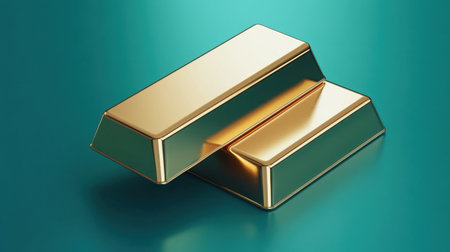 This image features two gleaming gold bars resting on a vibrant teal background, symbolizing wealth and luxury, perfect for finance-related themes.の素材