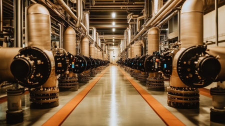 Overview of a modern industrial facility showcasing an extensive network of pipes and water pumps in a clean and organized environment.の素材