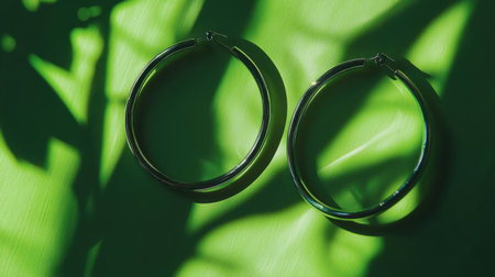 This stunning close-up captures elegant silver hoop earrings casting delicate shadows on a vibrant green background, highlighting contemporary accessory styling.の素材