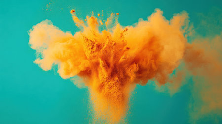 A stunning visual of vibrant orange powder bursting against a bright blue background, symbolizing energy, creativity, and artistic expression in action.の素材