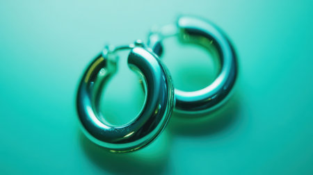 Stunning close-up of elegant silver hoop earrings resting on a soft blue surface. The subtle lighting enhances their shine and modern design.の素材