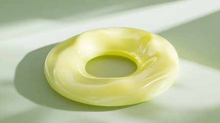 This image showcases a bright yellow rubber float ring set against a soft pastel background, ideal for evoking summer vibes and poolside fun.の素材