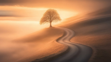 This captivating landscape features a lone tree standing gracefully on a hill, surrounded by soft fog during a serene sunrise. The winding path adds depth and invites exploration.の素材