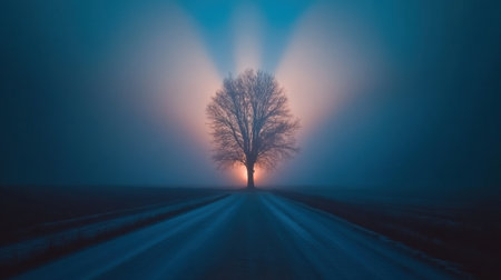 A stunning tree silhouette emerges from a foggy landscape at dawn, illuminated by rays of light, creating a tranquil and atmospheric scene.の素材