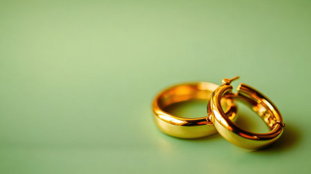 This image features two elegant gold wedding rings resting on a soft green background, symbolizing love, commitment, and romantic connection.の素材