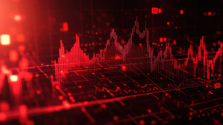 Dynamic abstract representation of financial data featuring red hues, displaying stock market trends and graphs for innovative business insights.の素材