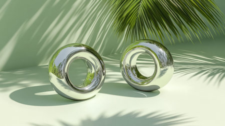 Two modern abstract sculptures with shiny metallic finishes sit against a green background, framed by palm leaves casting intricate shadows.の素材