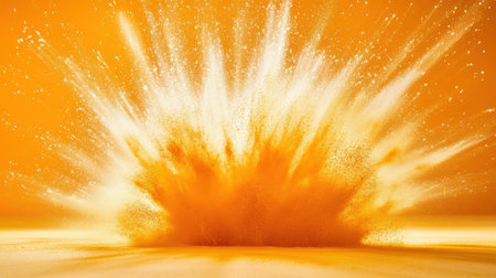 A captivating explosion of bright orange powder creates a striking visual against a vibrant backdrop. The dynamic splatter captures energy and excitement.の素材