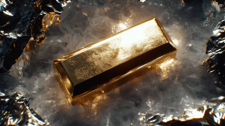 A stunning close-up of a gold bar resting on ice, framed by shimmering foil. This image captures the essence of luxury and wealth, highlighting reflections and textures.の素材