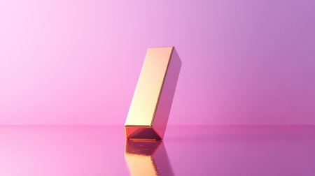 A sleek gold prism stands prominently on a shiny surface, creating a captivating visual effect against a soft pink background. Ideal for modern design.の素材