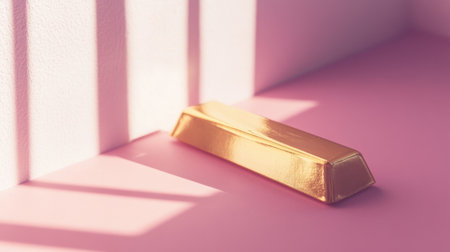 A striking image featuring a gold bar resting on a soft pink surface, highlighted by gentle shadows, creating an elegant minimalist aesthetic suitable for various design projects.の素材
