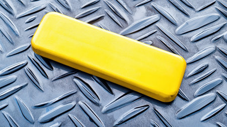 A bright yellow rectangular object resting on a textured metallic surface, perfect for industrial themes, modern designs, and vibrant visual concepts.の素材