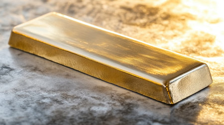 A stunning close-up view of a shiny gold bar resting on a metallic surface, capturing warm light reflections, symbolizing wealth and luxury.の素材