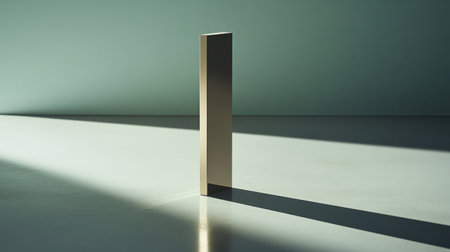 A striking minimalist geometric shape stands alone on a pristine surface, casting elongated shadows with soft light reflecting subtle colors in the background.の素材