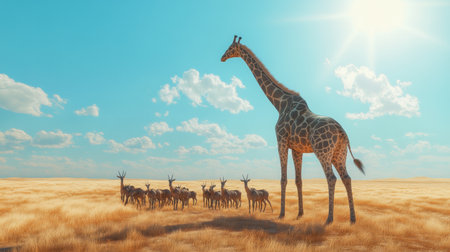 A majestic giraffe stands tall, overlooking a herd of antelopes in a golden savannah under bright sunlight, showcasing the beauty of wildlife in nature.の素材