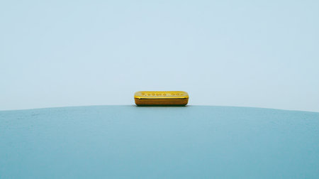 A stylish close-up image of a yellow bar resting on a smooth surface, beautifully lit to highlight its minimalistic design and vibrant colors.の素材