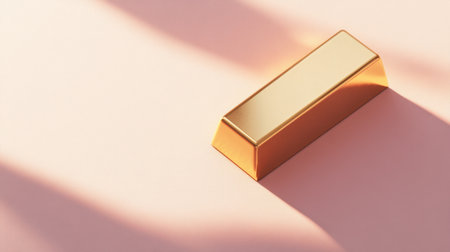 A dazzling gold bar rests on a soft pink surface, casting gentle shadows, creating an elegant and minimalist atmosphere ideal for themes of luxury and investment.の素材