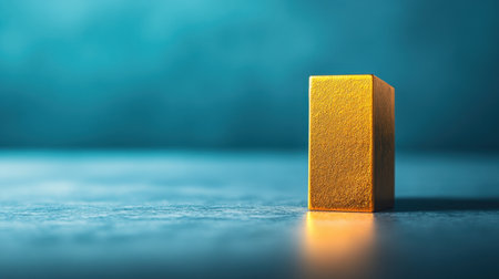 A striking golden block sits on a reflective surface, surrounded by a soft blue background. The subtle lighting enhances the texture and elegance, creating a minimalist yet captivating composition. Perfect for themes of luxury and finance.の素材
