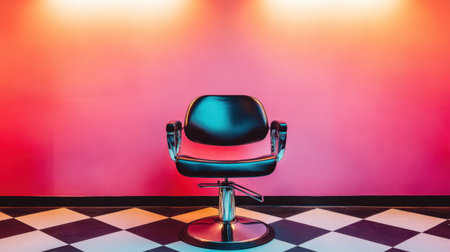 A modern black barbershop chair sits elegantly on a classic black and white checkered floor. The colorful wall background creates a stylish ambiance, ideal for trendy salons.の素材