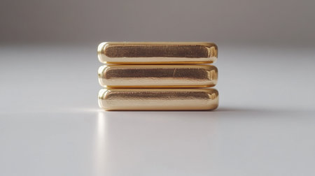 A stunning composition of three polished gold bars neatly stacked on a white surface, showcasing elegance and luxury with soft lighting and gentle shadows.の素材