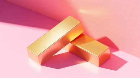 Captivating glossy gold bars resting on a soft pink background, creating a striking visual contrast with playful shadows, ideal for modern design projects.の素材