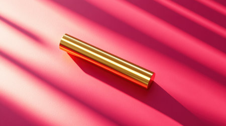 A bright gold metallic cylinder rests elegantly on a vibrant pink backdrop, showcasing a captivating interplay of light and shadow. Perfect for modern design themes.の素材