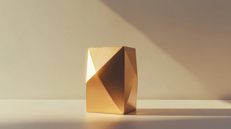 A striking gold sculpture featuring geometric shapes casts soft shadows on a minimalist surface, creating a warm, inviting atmosphere perfect for decor.の素材