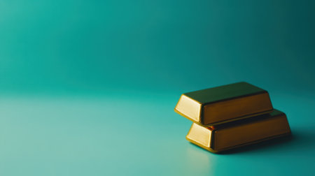 Two gold bars gleam against a vibrant teal background, symbolizing wealth and investment in financial markets. Ideal for finance and luxury themes.の素材