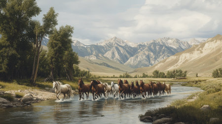 A stunning scene featuring a herd of wild horses galloping through a clear stream, surrounded by majestic mountains and lush greenery, embodying freedom.の素材