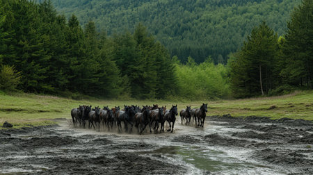 A stunning scene of a herd of horses charging through a muddy field, surrounded by vibrant green trees and hills, capturing the essence of freedom and natural beauty.の素材