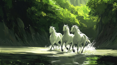Three elegant white horses gallop joyfully through a shimmering stream in a verdant forest, capturing the essence of freedom and beauty in nature.の素材