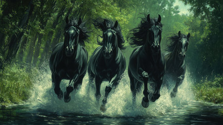A stunning capture of four black horses racing through a serene forest stream, showcasing their power and grace in a vibrant natural setting.の素材