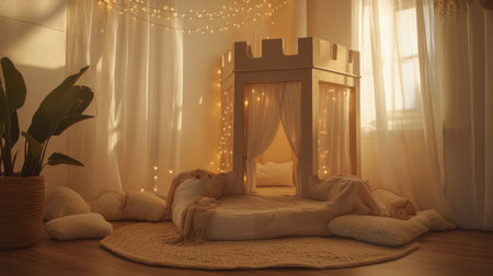 This enchanting child's room features a beautifully designed castle bed, surrounded by soft cushions and warm ambient lighting, creating a cozy atmosphere.の素材