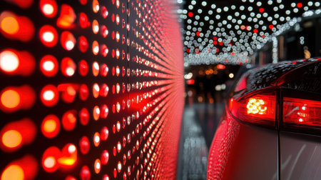 A captivating night scene showcasing a modern car alongside a wall adorned with vibrant red bokeh lights, creating a dynamic urban atmosphere.の素材