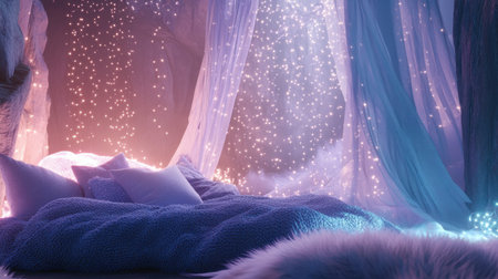 A beautifully designed cozy bedroom featuring soft bedding and enchanting twinkling lights, creating a serene atmosphere ideal for relaxation and comfort.の素材