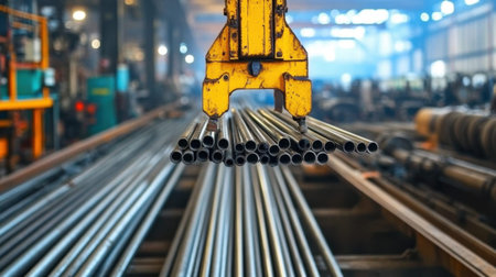 A bright industrial setting showcases a crane lifting steel pipes among machinery, emphasizing the process of manufacturing and logistics in a factory.の素材