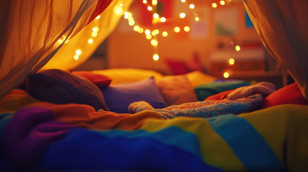 This image captures a cozy indoor tent filled with colorful pillows and soft lighting, creating a warm atmosphere perfect for relaxation, storytelling, or imaginative play.の素材