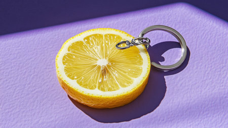 A stunning close-up of a lemon keychain rests on a vibrant purple surface, capturing natural light that enhances its bright yellow hue, creating an artistic aesthetic.の素材