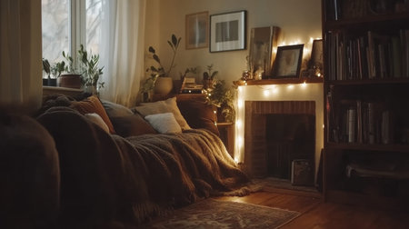 A beautifully designed living room exuding warmth and comfort, featuring soft throws, decorative pillows, and lush indoor plants, perfect for relaxation.の素材
