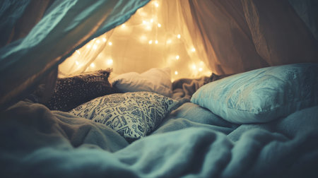 A cozy indoor hideaway featuring soft blankets and cushions illuminated by warm fairy lights, perfect for relaxation and creating a serene atmosphere.の素材