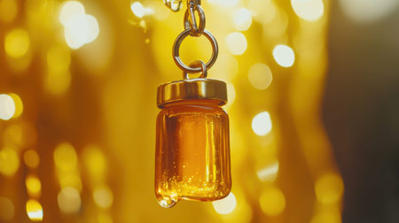 This beautiful close-up features a transparent honey jar pendant, captured with glittering golden lights in the background, showcasing warmth and charm.の素材