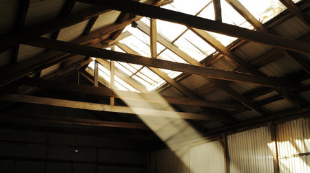 This image captures the serene beauty of sunlight filtering through skylights in a rustic barn, showcasing wooden beams and creating an inviting atmosphere.の素材