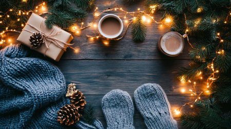 A cozy winter scene featuring a knit blanket, warm beverages, twinkling holiday lights, and natural elements arranged on a rustic wooden table.の素材