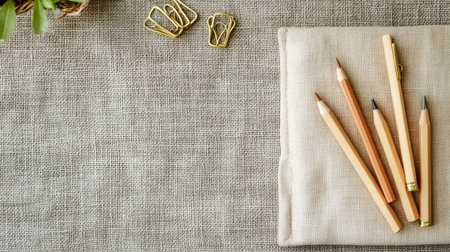 A serene flat lay composition showcasing wooden colored pencils and paper clips on a soft textured background, perfect for creative projects or workspace decor.の素材