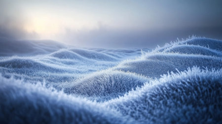 Experience a tranquil winter landscape showcasing soft frost-covered waves bathed in gentle morning light, evoking a serene feeling of nature's beauty.の素材