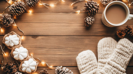 This cozy winter scene features a warm cup of beverage surrounded by pine cones and soft knit mittens, creating a welcoming atmosphere for relaxation.の素材